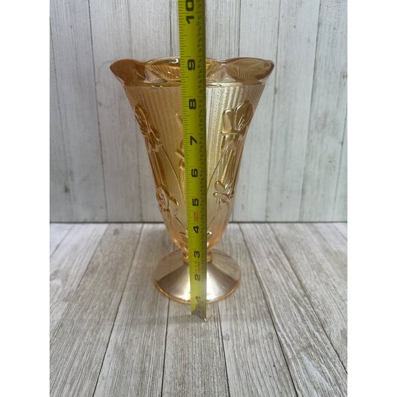 Vtg Jeannette Marigold Carnival Depression Herringbone Vase Iris Peach 9'' Tall - Picture 8 of 11